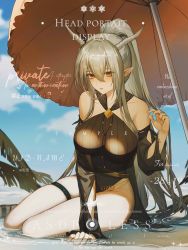 Rule 34 | 1girl, areola slip, arknights, arm support, beach umbrella, black sleeves, black one-piece swimsuit, blue sky, breasts, chinese commentary, cloud, cloudy sky, commentary request, covered navel, demon horns, detached sleeves, english text, grey hair, hair between eyes, highres, horns, infection monitor (arknights), large breasts, long hair, looking at viewer, official alternate costume, one-piece swimsuit, orange umbrella, outdoors, palm leaf, parted lips, planted, planted umbrella, pointy ears, qinglai haiji, see-through swimsuit, shining (arknights), shining (silent night) (arknights), sitting, sky, solo, swimsuit, thigh strap, umbrella, very long hair, water, yellow eyes, yokozuwari