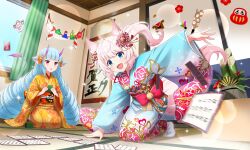 Rule 34 | 2girls, :d, :o, ahoge, animal ear fluff, animal ears, artist request, bell, blue eyes, blue hair, blue kimono, blunt bangs, card, curtains, day, delmin (show by rock!!), floral print, flower, fox ears, fox girl, fox tail, hair bell, hair flower, hair ornament, holding, holding card, horns, howan (show by rock!!), indoors, japanese clothes, karuta (card game), kimono, lens flare, long hair, motion blur, multiple girls, obi, obiage, obijime, official alternate costume, official art, on floor, open mouth, outstretched arm, pink hair, purple horns, red eyes, sash, seiza, short hair, show by rock!!, side ponytail, sitting, smile, socks, sparkle, tail, tatami, third-party source, white socks, wide sleeves, window, yellow kimono, yukata