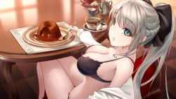 Rule 34 | 1girl, absurdres, bare shoulders, black bra, bow, bra, braid, breasts, cake, chewing, chocolate, chocolate cake, cream, cup, dessert, fate/grand order, fate (series), food, full body, green eyes, hair bow, hair ornament, highres, holding, holding spoon, lace, lace-trimmed bra, lace trim, long sleeves, looking back, macaron, morgan le fay (fate), napkin, no legwear, no pants, plate, ponytail, round table, seiza, unworn shirt, short hair, silver hair, sitting, solo, somebody (leiking00), spoon, table, teacup, teapot, underwear