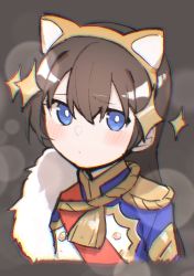 Rule 34 | 1girl, absurdres, animal ears, blue eyes, blue jacket, blush, bright pupils, brown background, brown hair, buttons, cat ears, chromatic aberration, closed mouth, commentary request, cropped torso, epaulettes, fake animal ears, fur trim, goe (g-o-e), hair between eyes, hair ornament, hairband, highres, jacket, kagura hikari, long hair, looking at viewer, orange hairband, red sash, sash, shoujo kageki revue starlight, simple background, solo, sparkle hair ornament, tassel, upper body, white pupils