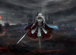 Rule 34 | 1girl, armor, armored boots, belt, boots, cape, castle, chuby mi, closed mouth, cloud, cloudy sky, dark sky, debris, dress, earrings, facing viewer, female focus, final fantasy, final fantasy xiv, full body, gauntlets, highres, holding, holding sword, holding weapon, jewelry, leg armor, long hair, looking at viewer, outdoors, paladin (final fantasy), pauldrons, scenery, shoulder armor, silver hair, skirt, sky, solo, sword, walking, wall, warrior, weapon, white dress