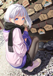 Rule 34 | 1girl, :/, absurdres, black pantyhose, black scarf, black shorts, blue eyes, blush, closed mouth, dutch angle, ema, fringe trim, from side, full body, hair behind ear, hatsumoude, highres, holding, hood, hood down, hooded jacket, jacket, looking at viewer, looking to the side, multicolored clothes, multicolored jacket, new year, original, outdoors, pantyhose, pink footwear, pink jacket, purple jacket, scarf, shadow, shoelaces, shoes, short shorts, shorts, shrine, sidelocks, sleeves past wrists, sneakers, solo, squatting, stone, thighs, translation request, two-tone footwear, two-tone jacket, white hair, winter clothes, yoko-ya manjirou, zipper, zipper pull tab