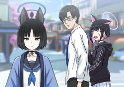 Rule 34 | 1boy, 2girls, anger vein, animal ears, bare shoulders, black-framed eyewear, black choker, black eyes, black hair, black jacket, black pants, blue archive, blue halo, blue neckerchief, blue necktie, blue sailor collar, blurry, blurry background, bob cut, bruce8763, cat ears, cat girl, choker, closed mouth, collarbone, colored inner hair, commentary request, depth of field, distracted boyfriend (meme), extra ears, fang, game screenshot background, glasses, hair ornament, hairclip, halo, haori, happi, highres, hood, hooded jacket, jacket, japanese clothes, kazusa (blue archive), kikyou (blue archive), long sleeves, looking at another, meme, multicolored hair, multiple girls, neckerchief, necktie, open mouth, outdoors, pants, parted bangs, partial commentary, pink hair, pink neckerchief, pleated skirt, problem solver sensei (blue archive), sailor collar, school uniform, sensei (blue archive), serafuku, shirt, short hair, sidelocks, skirt, two-tone hair, upper body, v-shaped eyebrows, white shirt, white skirt