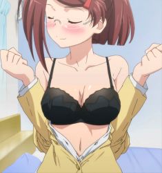 Rule 34 | 1girl, alternate breast size, bespectacled, black bra, blush, bra, breasts, cleavage, closed eyes, collarbone, female focus, glasses, highres, kissxsis, medium breasts, navel, open clothes, resolution mismatch, screencap, solo, source larger, standing, stitched, suminoe ako, third-party edit, underwear