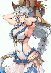Rule 34 | 10s, 1girl, adjusting clothes, adjusting headwear, animal ears, armlet, armpits, blush, bracelet, braid, breasts, brown eyes, cleavage, covered navel, cowboy shot, dress, erune, flower, frills, gou (ga673899), granblue fantasy, hair tubes, haoni, hat, hat flower, heles, heles (summer) (granblue fantasy), hibiscus, jewelry, large breasts, long hair, looking at viewer, parted lips, revealing clothes, sideboob, silver hair, single braid, solo, sun hat, very long hair, white dress