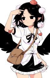 Rule 34 | 1girl, arm up, bag, bird wings, black eyes, black hair, black ribbon, black skirt, black wings, brown bag, closed mouth, collared shirt, cowboy shot, dress shirt, frilled skirt, frills, hat, holding, holding clothes, looking to the side, maguro (mawaru sushi), miniskirt, neck ribbon, parted bangs, pointy ears, pom pom (clothes), puffy short sleeves, puffy sleeves, red hat, ribbon, see-through, see-through shirt, shameimaru aya, shirt, short hair, short sleeves, shoulder bag, simple background, skirt, skirt hold, solo, standing, tokin hat, touhou, white background, wings