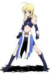 Rule 34 | 00s, 1girl, ahoge, artoria pendragon (all), artoria pendragon (fate), bike shorts, blonde hair, blue eyes, boots, crop top, elbow gloves, fate/stay night, fate (series), fingerless gloves, flat chest, full body, gloves, midriff, ponytail, saber (fate), shadow, simple background, smile, solo, turtleneck, uraomote