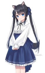 Rule 34 | 1girl, :o, animal ear fluff, animal ears, black hair, black ribbon, blue bow, blue eyes, blue skirt, bow, breasts, collared shirt, commentary, dog ears, dog girl, dog tail, dress shirt, feet out of frame, frilled skirt, frills, hair between eyes, hair bow, long hair, long sleeves, looking at viewer, neck ribbon, original, parted lips, pleated skirt, puffy long sleeves, puffy sleeves, ribbon, shirt, simple background, skirt, sleeves past wrists, small breasts, solo, standing, symbol-only commentary, tail, twintails, twitter username, umi (yumoran), very long hair, white background, white shirt, yumoran