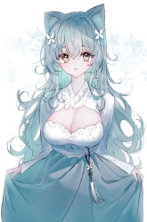 Rule 34 | 1girl, animal ear fluff, animal ears, blue skirt, breasts, cleavage, cleavage cutout, clothing cutout, commentary request, flower, grey eyes, grey hair, hair between eyes, hair flower, hair ornament, highres, long hair, long sleeves, looking at viewer, medium breasts, original, parted lips, shirt, simple background, skirt, skirt hold, sleeves past wrists, snowflakes, solo, tandohark, very long hair, white background, white flower, white shirt
