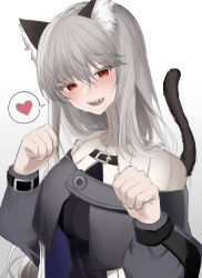 Rule 34 | 1girl, :d, absurdres, animal ears, arknights, bad id, bad pixiv id, black capelet, black dress, blush, capelet, cat ears, cat tail, commentary request, dress, heart, highres, hyakutarou (momotar0 4), long hair, long sleeves, looking at viewer, open mouth, partial commentary, paw pose, red eyes, sharp teeth, silver hair, simple background, smile, solo, specter (arknights), spoken heart, tail, teeth, turtleneck, upper teeth only, very long hair, white background