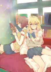 Rule 34 | 2girls, bare legs, black socks, blonde hair, blue eyes, book, bow, brown hair, camera, frilled pillow, frills, from side, glasses, grey shirt, hair between eyes, hair ornament, hairclip, highres, holding, holding book, holding camera, indoors, long hair, long sleeves, looking at object, multiple girls, open book, original, parted lips, pillow, pointy ears, red bow, red ribbon, ribbon, round eyewear, seelean, shirt, short hair, sitting, socks, two-tone shirt, vest, white shirt, yellow eyes, yellow vest
