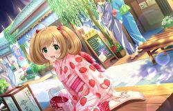 Rule 34 | 1boy, 5girls, ahoge, arm support, bag, barefoot, bench, blue kimono, blush, bow, bracelet, breasts, brown hair, dutch angle, eyelashes, feet, food print, foot out of frame, game cg, green eyes, green sash, grey kimono, hair bow, hair ribbon, hand on own leg, handbag, idolmaster, idolmaster cinderella girls, idolmaster cinderella girls starlight stage, japanese clothes, jewelry, kimono, leaning to the side, lens flare, long sleeves, looking at viewer, multiple girls, obi, obijime, official art, open mouth, outdoors, pink kimono, pink sash, print kimono, purple sash, red bow, red ribbon, red sash, ribbon, sandals, sash, sato shin, sitting, small breasts, solo focus, strawberry print, swept bangs, toenails, toes, twintails, wide sleeves, zouri