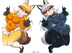 Rule 34 | 10s, 2girls, animal ears, black bow, black bowtie, black gloves, black necktie, black pantyhose, black skirt, blazer, bow, bowtie, brown gloves, buttons, covered erect nipples, extra ears, ezo red fox (kemono friends), fox ears, fox shadow puppet, fox tail, fur trim, gloves, haku hakujou daimaou, highres, jacket, kemono friends, loafers, long hair, long sleeves, looking at viewer, multicolored clothes, multicolored legwear, multiple girls, necktie, panties, panties under pantyhose, pantyhose, pleated skirt, shoes, signature, silver fox (kemono friends), silver hair, skirt, tail, underwear, white bow, white bowtie, white panties, white skirt, wide hips, yellow eyes, yellow necktie