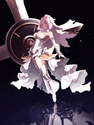 Rule 34 | 1girl, blush, boots, breasts, bridal veil, cleavage, commentary, cosplay, dark background, dress, elbow gloves, fate/grand order, fate (series), floating, gloves, hair over one eye, highres, holding, holding shield, large breasts, light purple hair, looking at viewer, mash kyrielight, nero claudius (bride) (fate), nero claudius (bride) (fate) (cosplay), nero claudius (bride) (second ascension) (fate), nero claudius (fate), nero claudius (fate) (all), purple eyes, reflection, shield, short hair, skindentation, sky, sleeveless, smile, star (sky), starry sky, untue, veil, water, wedding dress, white legwear