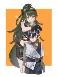 Rule 34 | 1boy, 1girl, absurdres, anger vein, arknights, black hair, crocodilian tail, gavial (arknights), gavial the invincible (arknights), goggles, goggles on head, green hair, height difference, highres, mask, mask around neck, minimalist (arknights), orange background, pointy ears, snake tail, tail, yellow eyes