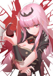 Rule 34 | 1girl, absurdres, alcohol, arimoto wataru, black nails, blunt bangs, breasts, cleavage, closed mouth, head tilt, highres, holding, hololive, hololive english, large breasts, long hair, looking at viewer, mori calliope, nail polish, pink eyes, pink hair, red background, smile, solo, tiara, upper body, veil, virtual youtuber, white background, wine