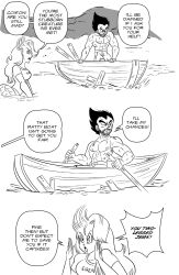 Rule 34 | 1boy, 1girl, black eyes, black hair, breasts, bulma, dragon ball, dragonball z, english text, facial hair, funsexydb, greyscale, hands up, highres, long hair, medium breasts, mermaid, monochrome, monster girl, muscular, muscular male, oars, rowing, scales, shirt, shorts, shouting, spiked hair, stubble, topless male, torn clothes, torn shorts