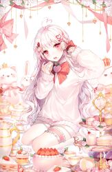 Rule 34 | 1girl, absurdres, braid, cake, cake slice, crown, cup, cupcake, eating, food, ha youn, hair ornament, hairpin, highres, holding, holding food, long sleeves, looking at viewer, macaron, open mouth, original, pink eyes, rabbit, shorts, sitting, solo, strawberry shortcake, stuffed animal, stuffed toy, sweater, teacup, teapot, thigh strap, white hair