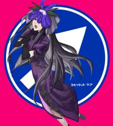 Rule 34 | 1girl, akatsuki records, annindofu umaaa, black gloves, black hair, dress, elbow gloves, flower, flower on head, gloves, highres, leaf, open mouth, orchid, pink background, plant, puffy short sleeves, puffy sleeves, purple dress, road sign, short sleeves, sidelocks, sign, smile, solo, touhou, vines, yomotsu hisami