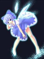 Rule 34 | 1girl, bad id, bad pixiv id, barefoot, blue eyes, blue hair, cirno, dress, female focus, full body, gradient background, hair ribbon, highres, hyonsan2, ice, ice wings, matching hair/eyes, ribbon, solo, touhou, wings