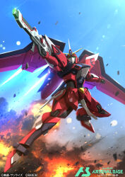 Rule 34 | clenched hand, copyright name, explosion, flying, from below, green eyes, gun, gundam, gundam arsenal base, gundam seed, gundam seed freedom, holding, holding gun, holding weapon, immortal justice gundam, logo, mecha, mechanical wings, no humans, official art, robot, science fiction, serike w, sky, v-fin, weapon, wings