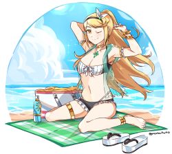 Rule 34 | 1girl, ;), anklet, armpits, arms up, bag, barefoot, beach, blanket, blonde hair, blue sky, bottle, bracelet, breasts, choker, cloud, day, earrings, full body, gold choker, graysheartart, jewelry, long hair, looking at viewer, medium breasts, mythra (xenoblade), navel, one eye closed, outdoors, sandals, unworn sandals, sitting, sky, smile, solo, thighlet, twitter username, wariza, water, xenoblade chronicles (series), xenoblade chronicles 2, yellow eyes