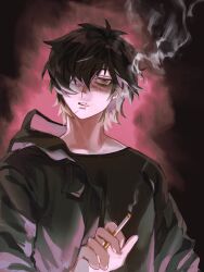 Rule 34 | 1boy, babykatafan, bishounen, black hair, black jacket, black shirt, cigarette, colored tips, commentary, cowboy shot, english commentary, expressionless, eyepatch, highres, holding, holding cigarette, hood, hooded jacket, jacket, looking up, male focus, medium hair, messy hair, multicolored background, multicolored hair, open clothes, open jacket, parted lips, red background, scar, scar on face, shirt, slow damage, smoke, towa (slow damage), upper body, yellow eyes