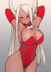 Rule 34 | 1girl, animal ears, armpits, arms behind head, bad id, bad twitter id, bare shoulders, blush, boku no hero academia, bow, bowtie, breasts, cleavage, condom, condom between breast, condom wrapper, covered navel, dark-skinned female, dark skin, detached collar, detached sleeves, grey background, highleg, highleg leotard, highres, large breasts, leotard, long eyelashes, long hair, looking at viewer, mirko, parted bangs, parted lips, rabbit ears, rabbit girl, red eyes, red sleeves, smile, solo, strapless, strapless leotard, takasuke 0120, thick thighs, thighs, white bow, white bowtie, white hair