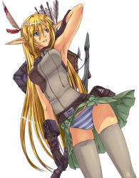 Rule 34 | 1girl, arm up, armpits, arrow (projectile), blonde hair, bow (weapon), breasts, dutch angle, elf, feather hair ornament, feathers, gloves, green eyes, green skirt, grey thighhighs, hair ornament, long hair, long pointy ears, majires, miniskirt, original, otarou (otamax), panties, pantyshot, pleated skirt, pointy ears, simple background, skirt, solo, striped clothes, striped panties, thighhighs, underwear, upskirt, very long hair, weapon, wind, wind lift