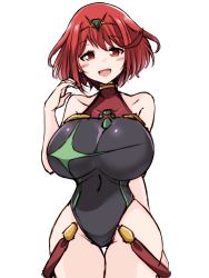 Rule 34 | 1girl, bare shoulders, black one-piece swimsuit, blush, breasts, competition swimsuit, covered navel, cowboy shot, earrings, gem, gloves, headpiece, highres, jewelry, kurokaze no sora, large breasts, looking at viewer, one-piece swimsuit, pyra (pro swimmer) (xenoblade), pyra (xenoblade), red eyes, red hair, short hair, simple background, smile, solo, swept bangs, swimsuit, tiara, white background, xenoblade chronicles (series), xenoblade chronicles 2