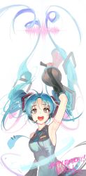 Rule 34 | 1girl, :d, absurdres, antenna hair, arm tattoo, arm up, armpits, artist name, bare shoulders, black sleeves, blue necktie, blush, breasts, character name, collared shirt, dated, detached sleeves, grey eyes, grey shirt, happy birthday, hatsune miku, headset, highres, holding, holding megaphone, long hair, long sleeves, looking at viewer, medium breasts, megaphone, necktie, open mouth, parted bangs, round teeth, shirt, sideboob, simple background, smile, solo, soyoong jun, tattoo, teeth, twintails, upper body, upper teeth only, very long hair, vocaloid, white background
