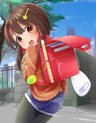 Rule 34 | 1girl, ass, backpack, bag, black pantyhose, blue sky, brown eyes, brown hair, city, cityscape, cloud, day, flute, hair ornament, hair ribbon, hairclip, highres, instrument, long sleeves, looking at viewer, looking back, low twintails, makuran, open mouth, orange shirt, original, pantyhose, pantyhose under shorts, randoseru, recorder, ribbon, road, shirt, shorts, sky, solo, street, sweater, tree, twintails, wall