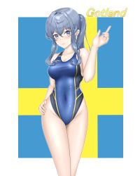 Rule 34 | 1girl, absurdres, blue eyes, blue hair, blue one-piece swimsuit, breasts, character name, collarbone, commentary request, competition swimsuit, covered navel, cowboy shot, crossed legs, flag background, gotland (kancolle), hair bun, hand on own hip, highres, kantai collection, long hair, looking at viewer, medium breasts, mole, mole under eye, nkgw, one-piece swimsuit, simple background, single hair bun, smile, solo, standing, swedish flag, swimsuit, white background