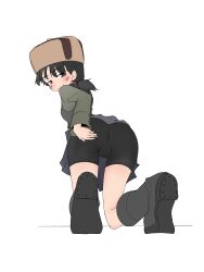 Rule 34 | 1girl, bike shorts, bike shorts under skirt, black footwear, black hair, black shorts, black skirt, black vest, blue eyes, blush, boots, brown hat, closed mouth, commentary, from behind, fur hat, girls und panzer, green jacket, guropara, half-closed eyes, hand on own ass, hat, highres, jacket, kneeling, long sleeves, looking at viewer, looking back, low twintails, military uniform, miniskirt, nina (girls und panzer), pleated skirt, pravda military uniform, short hair, short twintails, shorts, simple background, skirt, smile, solo, trefoil, twintails, uniform, ushanka, vest, white background