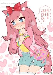 1girl @_@ agnes_digital_(umamusume) animal_ears artist_name blue_eyes blush bow breasts casual clenched_hands closed_mouth collarbone commentary_request hair_between_eyes hair_bow hair_ornament heart highres horse_ears horse_girl simoyuki solo sweat thighhighs translation_request umamusume white_background