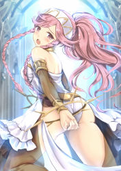 Rule 34 | 1girl, ass, backless dress, backless outfit, bare shoulders, blurry, blush, bracelet, braid, breasts, depth of field, dress, embarrassed, fake screenshot, fire emblem, fire emblem awakening, fire emblem heroes, from behind, hairband, highres, jewelry, long hair, looking at viewer, looking back, medium breasts, neck ring, nintendo, olivia (fire emblem), open mouth, pink eyes, pink hair, ponytail, see-through, side braid, solo, spiked bracelet, spikes, sweatdrop, tayashitsu, tears, thighs, twin braids