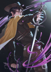 Rule 34 | 1boy, absurdres, bishounen, black shirt, brown hair, brown headwear, brown pants, cape, commission, dual wielding, eyelashes, fingerless gloves, from behind, gloves, green eyes, grey background, haruakira, hat, highres, holding, holding sword, holding weapon, huxley sanus, indie virtual youtuber, long sleeves, looking to the side, magic, male focus, pants, rapier, reverse grip, sheath, shirt, skeb commission, sword, virtual youtuber, weapon, wrist straps, yellow cape
