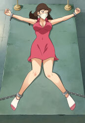 Rule 34 | absurdres, bdsm, bondage, bound, bound ankles, bound wrists, breasts, brown eyes, brown hair, chain, chained, chained ankles, chained wrists, cleavage, cloth gag, dress, gag, gagged, highres, improvised gag, large breasts, legs, lost one zero, lupin iii, mine fujiko, over the nose gag, pink dress, socks