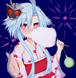 Rule 34 | 10s, 1girl, ahoge, blanc (neptunia), blue hair, cotton candy, fireworks, haru blanc0316, japanese clothes, kamen rider, kamen rider chaser, kamen rider drive (series), kimono, mask, mask on head, neptune (series), outstretched hand, red eyes, simple background, solo, symbol-shaped pupils, white heart (neptunia), yukata