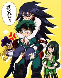 Rule 34 | !, 10s, 2boys, 2girls, age difference, anger vein, angry, artist request, asui tsuyu, belt, black eyes, black hair, blue eyes, blue hair, bodysuit, boku no hero academia, boots, breasts, carrying, clenched hand, closed mouth, cuffs, dominatrix, domino mask, facing another, freckles, frog girl, garter straps, gloves, green eyes, green hair, hair between eyes, hand up, handcuffs, happy, height difference, high heel boots, high heels, highres, holding, holding person, holding whip, japanese text, jealous, jumping, leotard, long hair, long tongue, looking at another, looking down, looking up, low-tied long hair, masaru (win800), mask, matching hair/eyes, messy hair, midnight (boku no hero academia), midoriya izuku, mineta minoru, mole, mole under eye, multiple boys, multiple girls, nervous, open mouth, piggyback, purple hair, scarf, short hair, simple background, size difference, skin tight, smile, speech bubble, spiked hair, standing, talking, teacher and student, teeth, text focus, thighhighs, tongue, translated, very long hair, whip, yellow background