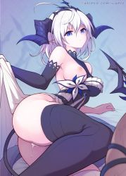 Rule 34 | 1boy, 1girl, after vaginal, aftersex, ahoge, ass, black thighhighs, blue eyes, breasts, closed mouth, cum, cum in pussy, cumdrip, elsword, hair between eyes, horns, large breasts, looking at viewer, luciela r. sourcream, lying, nihilida (elsword), nipples, on side, one breast out, pointy ears, solo focus, tail, tailjob, thighhighs, waero, white hair