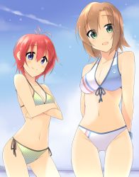 Rule 34 | 10s, 2girls, :d, anchor symbol, bikini, blue eyes, breasts, brown hair, cleavage, contrapposto, crossed arms, day, front-tie top, gluteal fold, green eyes, idolmaster, idolmaster cinderella girls, idolmaster million live!, julia (idolmaster), looking at viewer, medium breasts, multiple girls, navel, open mouth, polka dot, polka dot bikini, polka dot swimsuit, red hair, sasakura, short hair, side-tie bikini bottom, sky, smile, standing, swimsuit, tada riina, thigh gap