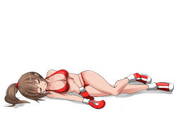 Rule 34 | 1girl, beaten, bikini, boxing, boxing gloves, breasts, brown hair, cleavage, defeat, closed eyes, injury, large breasts, open mouth, original, ponytail, shamanwer, solo, swimsuit, thong, unconscious, underwear, white background