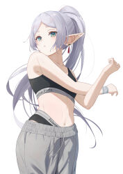 Rule 34 | 1girl, absurdres, alternate hairstyle, aqua eyes, bare arms, bare shoulders, commentary request, cowboy shot, crop top, frieren, grey hair, grey pants, highres, long hair, looking at viewer, midriff, navel, pants, pige pig, ponytail, solo, sousou no frieren, sports bra, standing, stomach, very long hair