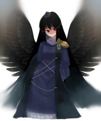 Rule 34 | 1girl, armor, arms at sides, bird wings, black hair, black wings, blue dress, blurry, breasts, closed mouth, commentary request, cropped legs, depth of field, dress, expressionless, eyebrows hidden by hair, feathered wings, hat, highres, iizunamaru megumu, long hair, long sleeves, looking at viewer, off shoulder, pauldrons, red eyes, shoulder armor, simple background, single pauldron, small breasts, soft focus, solo, tokin hat, touhou, very long hair, waistcoat, white background, wings, yatsuga (kouahey dierci)