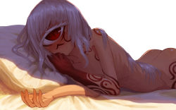 Rule 34 | 1girl, ass, bad id, bad pixiv id, blush, closed mouth, commentary request, cyclops, facial tattoo, flat chest, gino (gino h), grey hair, long hair, looking at viewer, lying, monster girl, nude, on side, one-eyed, original, pillow, red eyes, simple background, slit pupils, smile, solo, tattoo, white background