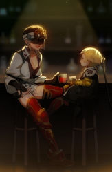 Rule 34 | 1boy, 1girl, :d, armor, backlighting, bar (place), bar stool, black coat, black footwear, black gloves, blonde hair, blurry, blurry background, boots, breasts, chinese commentary, cleavage, coat, collarbone, commentary request, corset, covered eyes, cup, drink, drinking glass, elbow gloves, facing another, final fantasy, final fantasy xiv, fingerless gloves, from side, full body, gloves, goggles, goggles on head, greaves, grey eyes, height difference, highres, holding, holding cup, hyur, indoors, jacket, kneepits, lalafell, light particles, looking at another, mask, medium breasts, neck tattoo, open mouth, papalymo totolymo, pointy ears, profile, shelf, short hair, smile, staff, stool, tattoo, white jacket, wuliu heihuo, yda hext