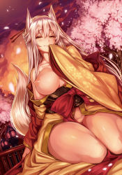 Rule 34 | 1girl, animal ears, bare shoulders, blush, breast slip, breasts, cherry blossoms, curvy, fox ears, fox tail, hand to own mouth, huge breasts, japanese clothes, kimono, kitsune, lamppost, looking at viewer, nipples, no panties, obi, one breast out, petals, sash, shiokonbu, silver hair, sitting, smile, solo, tail, thick thighs, thighs, wide hips, yellow eyes