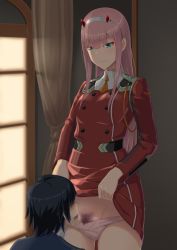 Rule 34 | 10s, 1boy, 1girl, bad id, bad pixiv id, black hair, blunt bangs, blush, breasts, closed mouth, clothes lift, cowboy shot, curtains, darling in the franxx, dress, dress lift, ese shinshi, female pubic hair, green eyes, groin, hair over eyes, hairband, hetero, hiro (darling in the franxx), horns, indoors, lifted by self, long hair, long sleeves, looking down, medium breasts, military, military uniform, panties, panty pull, pink panties, pubic hair, small breasts, standing, straight hair, sweat, tattoo, underwear, uniform, upper body, very long hair, white hairband, window, zero two (darling in the franxx)