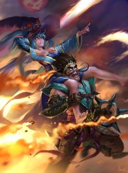 Rule 34 | 1boy, 1girl, barefoot, black hair, blue hair, draven, explosion, league of legends, piggyback, running, skence, sona (league of legends), toes, twintails